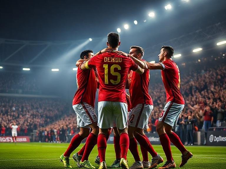 Belgian players including Jérémy Doku celebrate during their 7-0 win over Liechtenstein
